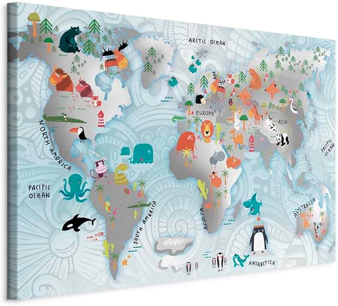 artgeist Canvas Wall Art Print World Map for Children 35x24 in - 1pcs Home Decor Framed Stretched Picture Photo Painting Artwork Image - Animals Kids Blue Kindergarten k-C-0136-b-a