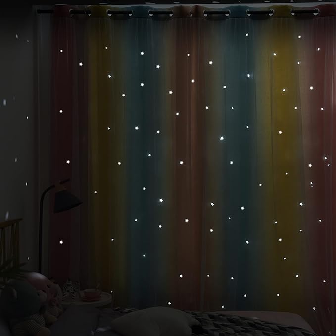 Kinryb Nursery/Kids/Girls Room Star Cut Out Blackout Rainbow Curtain with Sheer Overlay 2 Panels, Each 52 inch Wide,72 inch Length with White Gauze,Ombre Stripe Rainbow Curtains (2 Panels,52x72 Inch)