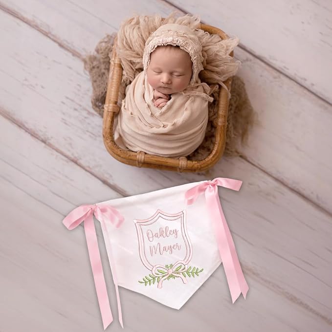 Embroidered Baby Name Sign Personalized Baby Announcement Sign Newborn Baby Banner with Bows Baby Hospital Name Sign Canvas Hanging Pennant Flag Custom Infant Baby Name Baby Shower Banner (03)