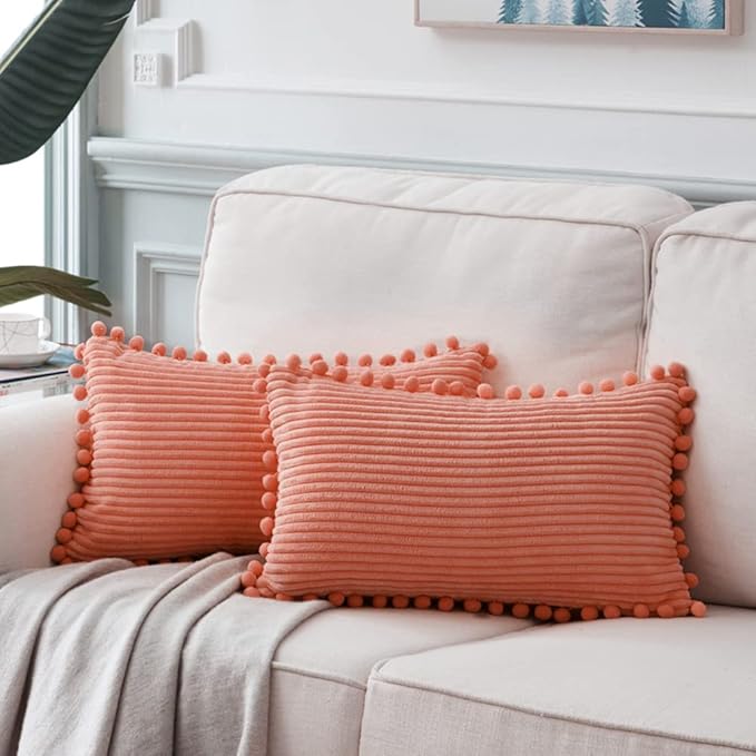 Fancy Homi Pack of 2 Coral Decorative Throw Pillow Covers 12x20 Inch with Pom-poms for Living Room Couch Bedroom, Soft Corduroy Peach Solid Lumbar Cushion Case 30x50 cm, Rustic Farmhouse Home Decor