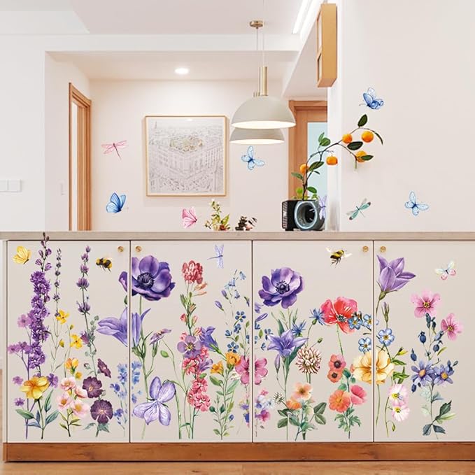 Colorful Wildflower Wall Stickers Spring Flower Butterflies Dragonflies Floral Botanical Wall Decals Peel and Stick Wall Art Stickers for Baby Nursery Girls Bedroom Kids Room Wall Decor