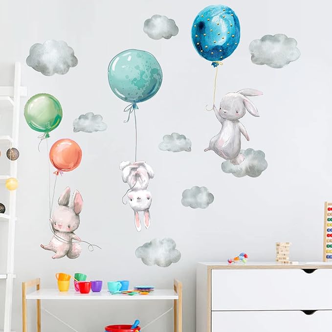 Maydahui Flying Bunny Wall Stickers Removable Peel and Stick Watercolor Cartoon Animal Wall Decal (36 x 28 Inch) Balloon Cloud Cute Rabbit Sticker Decor for Kids Bedroom Nursery Living Room Birthday