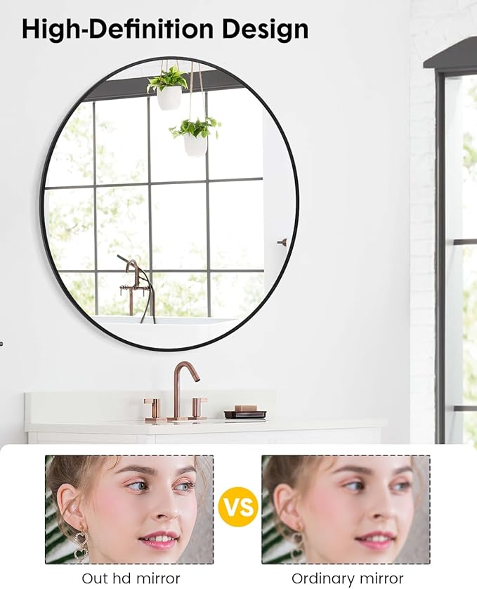 Round Mirror, 32 inch Circle Mirror, HD Eco-Friendly Round Bathroom Mirror for Over Sink, Big Matte Black Metal Framed Wall Mirror for Wall, Vanity, Entryway, Hallway, Living Room, Easy to Install