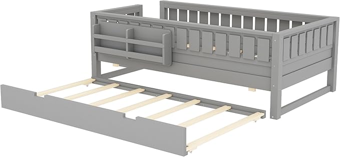 Bellemave Twin Size Kids Bed with high Rails and with Built-in Bookshelf and Trundle for Kids, Girls, Boys, Wood Montessori Bed Without Door, Gray