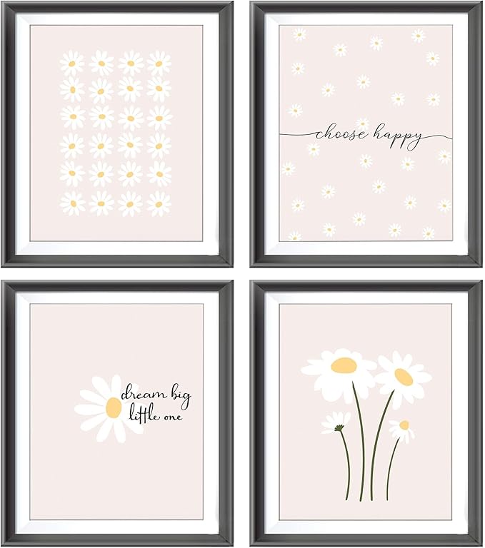 AEHIE Boho Daisy Flower Decor Wall Art Print, Inspirational Wall Decor for Girls Room, Blush Pink Floral Room Decor, 4pcs 8x10inch