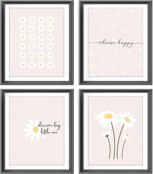AEHIE Boho Daisy Flower Decor Wall Art Print, Inspirational Wall Decor for Girls Room, Blush Pink Floral Room Decor, 4pcs 8x10inch