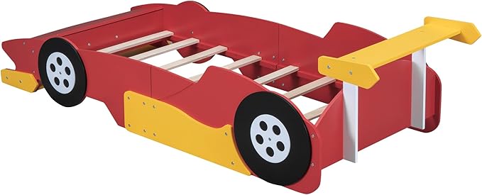 Flieks Twin Size Race Car-Shaped Platform Bed Frame for Boys Girls Kids Adults Toddler with Wheels,Red