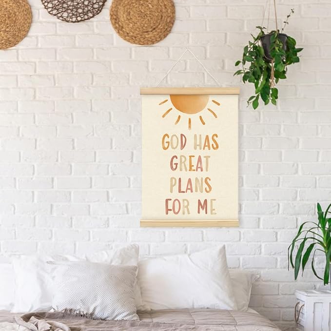 PLKMN Christian Nursery Wall Decor, God Has Great Plans for Me Wall Art with Wooden Poster Hanger, Boho Sun Christian Wall Decor for Nursery Kids Room Sunday School Preschool Classroom, 12x16 Inch