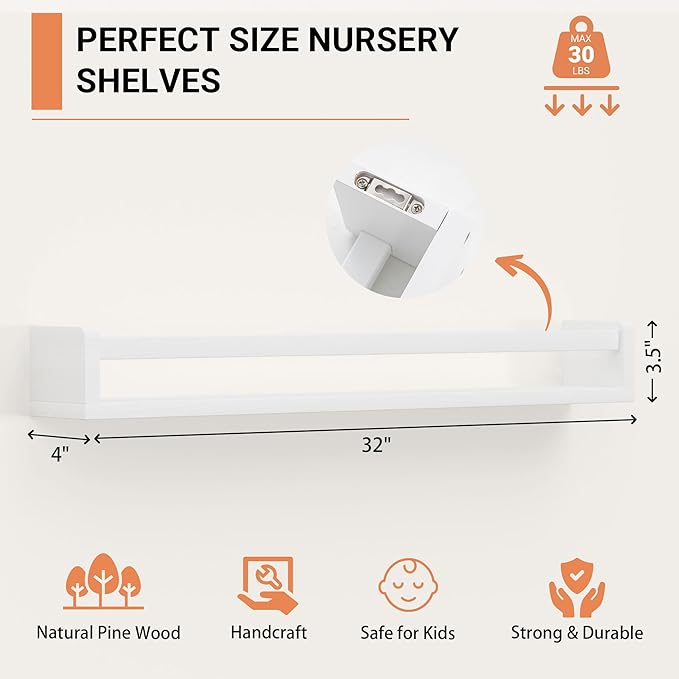Heimlove Nursery Floating Shelves, Solid Wood Nursery Book Shelves for Wall, 32 inch Bookshelf for Kids, Wall Mounted Shelves for Books,Toys and Decor Storage, Set of 2 (White)