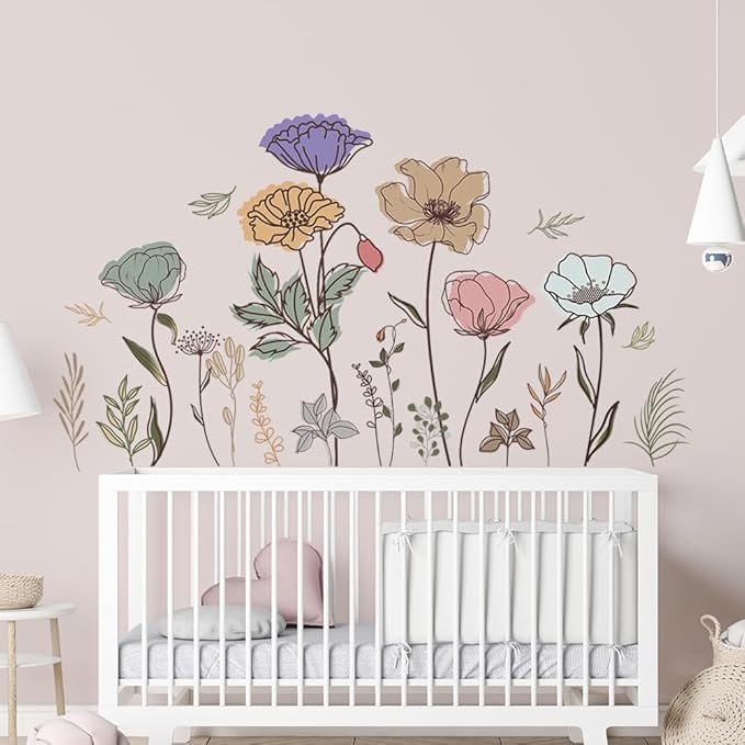 Boho Flower Wall Decal Floral Plant Grass Wall Sticker Colorful Wildflower Wall Decals Peel and Stick Daisy Flower Wall Sticker for Bedroom Nursery Decor