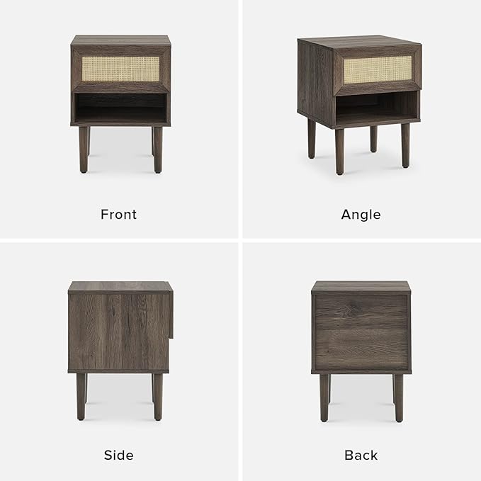 mopio Haylee Rattan Side Table, Small Accent Tables for Living Room, Mid Century Modern Night Stand, Bedside Tables, Wood Nightstands for Bedroom (Walnut, Single)