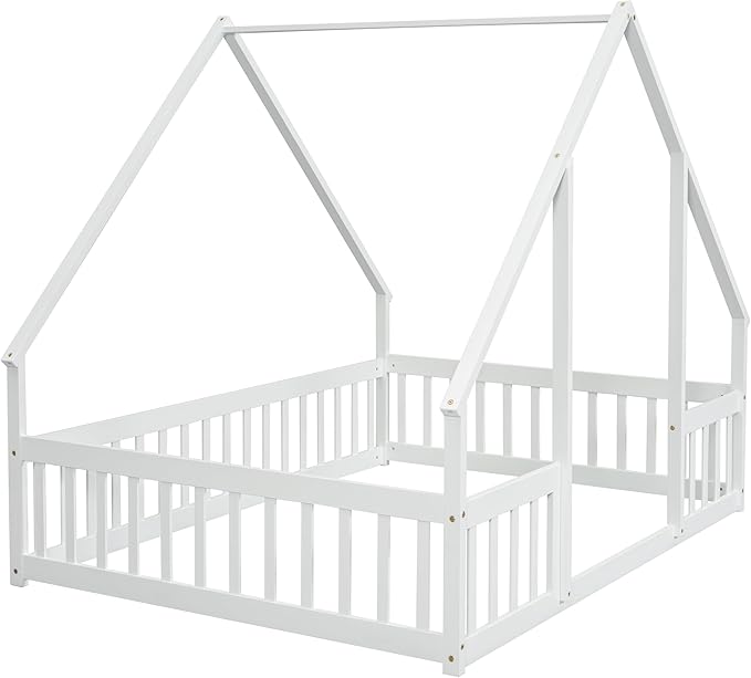 Bellemave Full Floor Bed for Kids, Girls, Boys, Wood House Bed Frame, House Floor Bed for Kids, Full Size Montessori Floor Bed with Fence, Playhouse, White