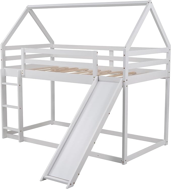 MERITLINE House Shaped Bunk Bed Twin Over Twin Size Wood Bunk Bed with Slide Low Bunk Beds for Boys and Girls, Twin Size, White