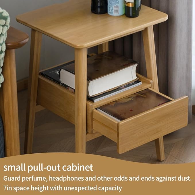 Night Stand with Drawer, Mid Century Modern Nightstand, Bedside Tables with Open Storage Shelf,Large Storage End Table, Bamboo Night Stands for Bedrooms