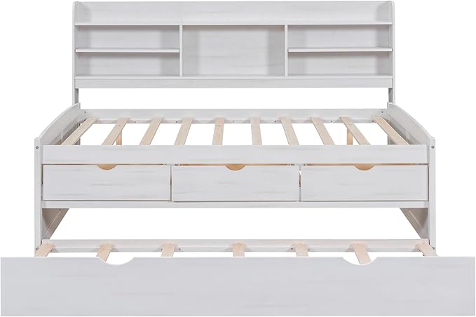 Harper & Bright Designs Full Size Captain Bed with Built-in Bookshelves/3 Storage Drawers/Trundle, Wooden Full Daybed Bed Frame for Kids Teens Dorm Bedroom Multipurpose Guest Room, White Wash