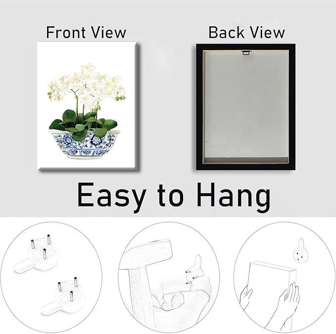 LUHDFYS White Orchid & Magnolia Watercolor Art Canvas Blue And White Chinoiserie Wall Art Print Oriental Vase Blue White Willow Style Porcelain Flower Jar Picture Poster Decor Wrapped Canvas