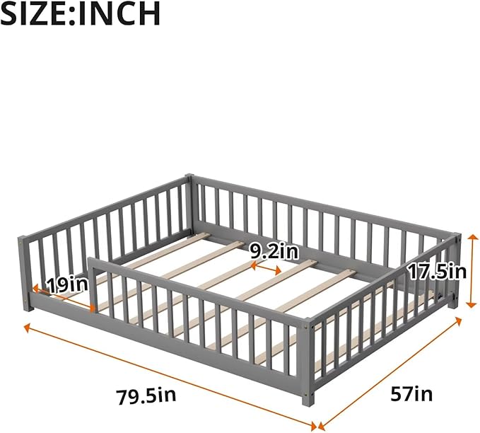 LLS Full Floor Bed for Kids Toddlers, Solid Wood Multifunctional Montessori Bed Frame with Safety Guardrails, Without Door, Easy Assemble, Grey