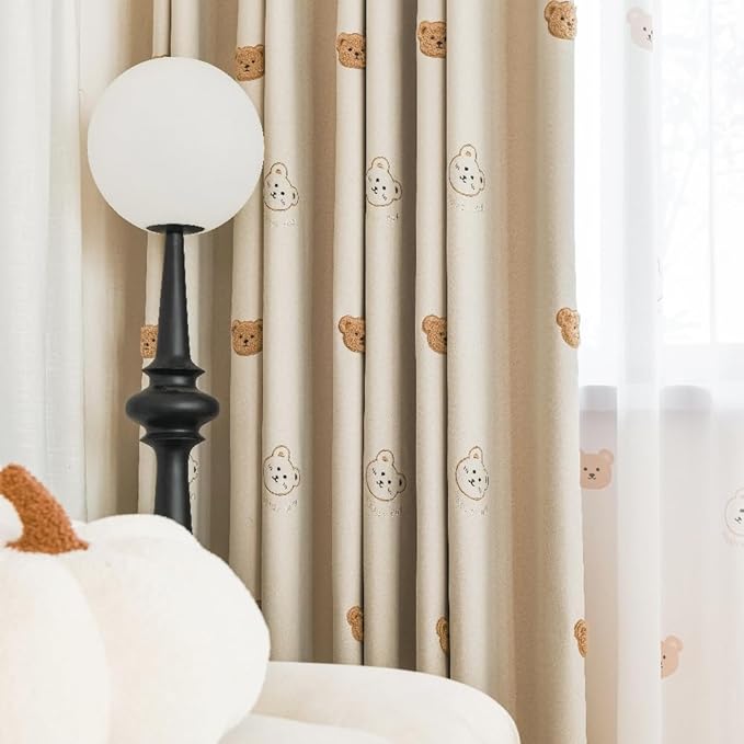 Cartoon Bears Kids Blackout Curtains for Babys Bedoom Living Room Grommet Top Beige Embroidery 3D Bear Darkening Curtain for Nursery Baby Room 1 Panel (W52 L84 inch,Beige)