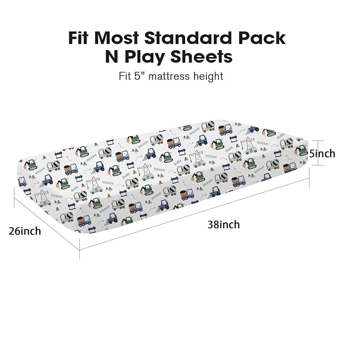 Little Grape Land Pack and Play Sheets Mini Crib Sheets Soft Breathable Pack N Play Sheets, Playard Fitted Sheet 2 Pack Stretchy Fits 38"x26" Playard Mattress, Navy Trucks