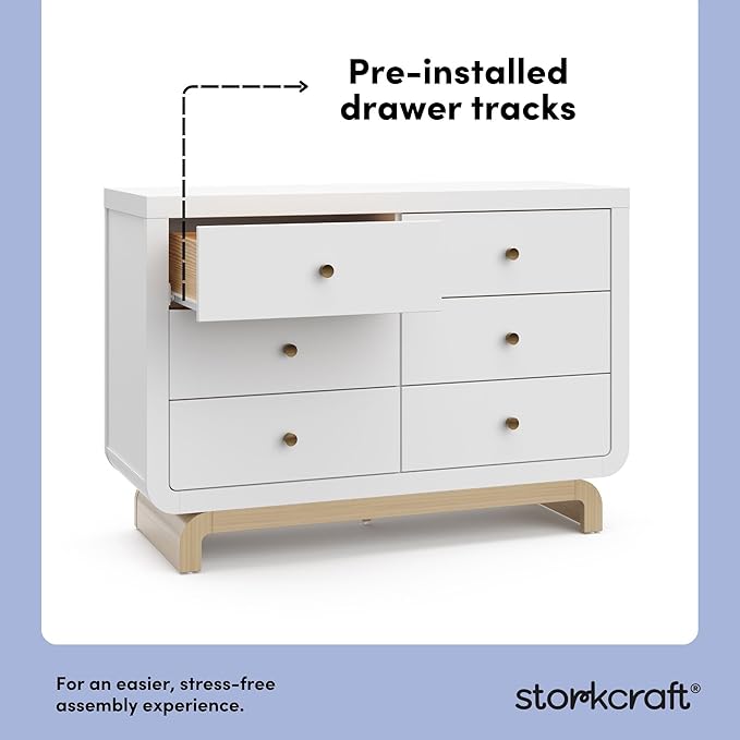 Storkcraft Santorini 6 Drawer Double Dresser (White with Driftwood) - GREENGUARD Gold Certified, Interlocking Drawer System, Dresser Drawer Organizer for Kids Bedroom