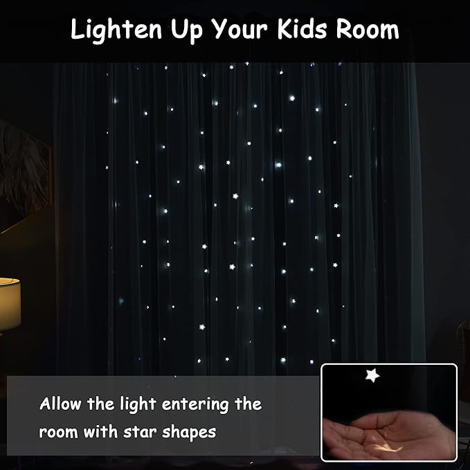 Kinryb Star Cutout Blackout 95 Inches Curtains Double Layer with Sheer Overly Curtains for Bedroom Thermal Insulated Window Treatment Set with 2 Free Tiebacks (52W x 95L 2 Panels Sky Blue)