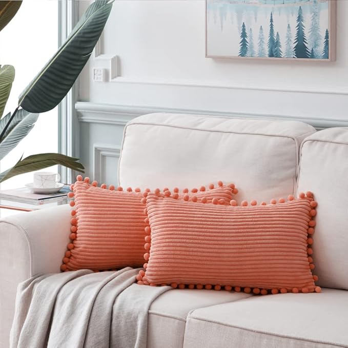 Fancy Homi Pack of 2 Coral Decorative Throw Pillow Covers 12x20 Inch with Pom-poms for Living Room Couch Bedroom, Soft Corduroy Peach Solid Lumbar Cushion Case 30x50 cm, Rustic Farmhouse Home Decor