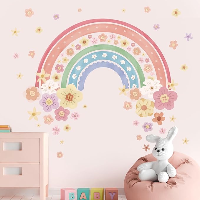 wondever Large Rainbow Wall Decals Colorful Boho Flower Peel and Stick Wall Art Stickers for Girls Bedroom Kids Room Baby Nursery