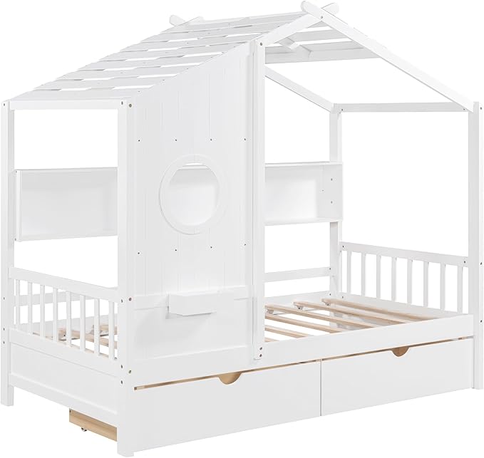 Harper & Bright Designs Wooden Twin Size House Bed Frame with 2 Drawers for Boys Girls Kids Toddler,Kids Bed with Storage Shelf, White