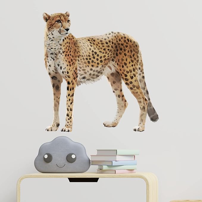 Lifelike Standing Cheetah Wall Decal Nursery Tropical Animal Leopard Wall Sticker Removable Peel and Stick Wall Art Decor Stickers for Kids Baby Classroom Preschool Living Room Bedroom School