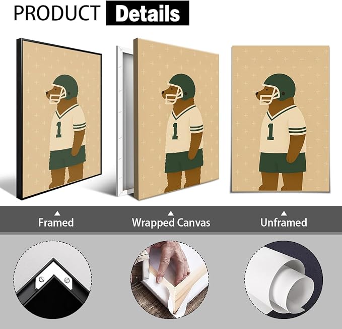 Football Poster Canvas, Baby Boy Sports Nursery Wall Art, Animal Bear Athletes Pictures, Run Fast Jump High Charming Quote Print, Kids Bedroom Soccer Equipment & Field Decor 8x12in Wrapped Canvas