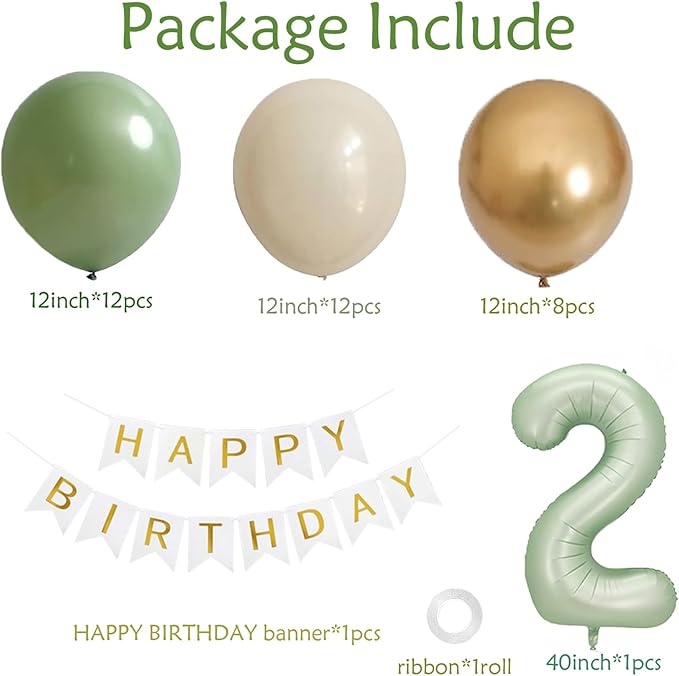 Sage 2nd Birthday Decorations For Boy -12 Inch Sage Balloons, 40 Inch Sage 2 Balloon, Happy Birthday Banner for Two Year Old BD Party Decorations