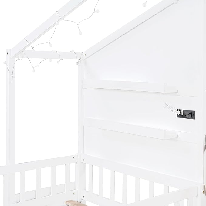 Twin Size House Bed with Upholstered Sofa and Safety Fence for Kids Boys Girls, Versatility Solid Wood Kids Platform Bed with Charging Station, Wireless Charging, Shelves and 2 Drawers (White-G1)