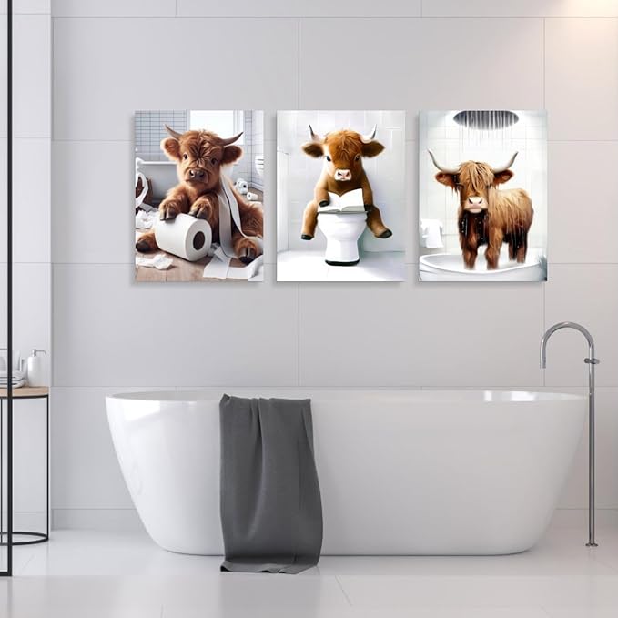 Hianan Funny Bathroom Highland Cow Canvas Wall Art, Cute Brown Cow Bathroom Wall Decor, Framed Animal Bathing Poster Prints, Retro Rustic Farmhouse Wrapped Canvas Artwork for Bathroom Restroom 16"x24"x3