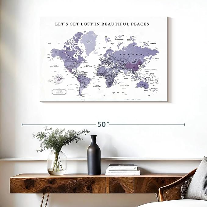 ElephantStock - Beautiful Places II Push Pin World Map Wall Art - Horizontal Canvas Wall Art - Living Room Wall Decor - Digital Art Map Canvas Art - White And Black Decor - 39" x 26"