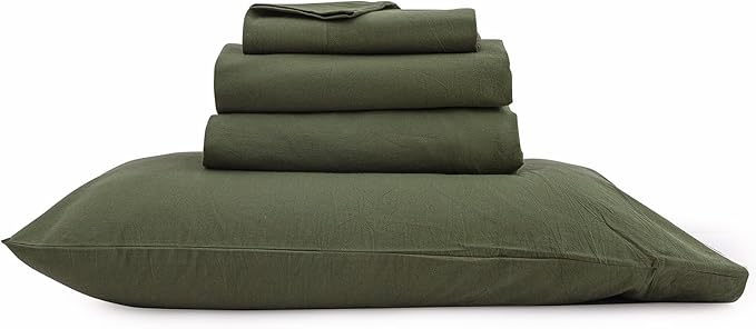 BESTOUCH Sheet Set 100% Washed Cotton Linen Feel Super Soft Comfortable Chic Lightweight 4 Pcs Home Bedding Set Solid Olive Green Cal King