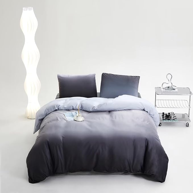 Houseri Grey and White Gradient Velvet Duvet Cover King Fluffy Light Dark Grey Ombre Sherpa Bedding Duvet Cover Sets King Extra Soft Comfy Flannel Fuzzy Dark Grey Duvet Covers King Size
