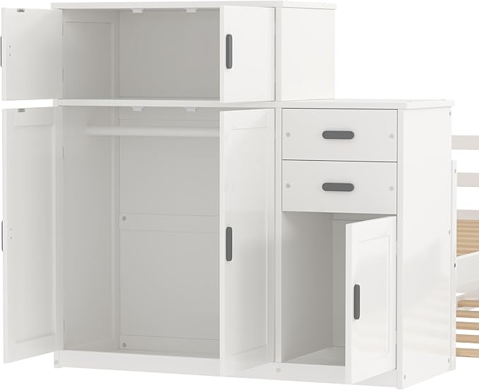 Merax Twin Corner Bed with Trundle and Drawers, Wooden Daybed Frame with Movable Wardrobe, Two Bookshelves, and Safety Guardrail, Twin Size Bed Frame for Kids, Boys Girls, Easy Assembly,White