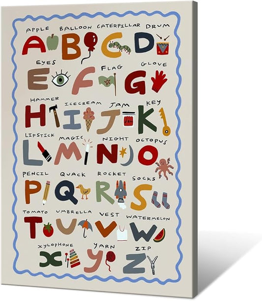 Cute First Illustration Alphabet Learning Canvas Print Posters Eclectic Nursery Wall Art Funny Boho Kids Educational Abc Chart Colorful Decor Picture for Toddlers Classroom Playroom 20x30inch Framed