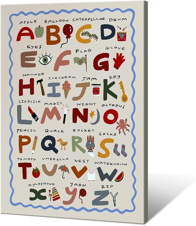 Cute First Illustration Alphabet Learning Canvas Print Posters Eclectic Nursery Wall Art Funny Boho Kids Educational Abc Chart Colorful Decor Picture for Toddlers Classroom Playroom 24x36inch Framed
