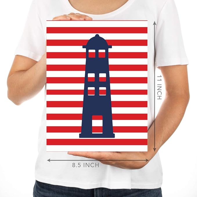 Andaz Press Ocean Nautical Sailor Theme Nursery Kids Bedroom Hanging Wall Art Decor, 8.5x11-inch, Red Blue Stripes, Boat, Anchor, Lighthouse, Whale, 6-Pack, Unframed Room Poster