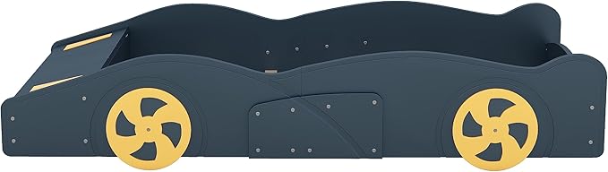 Twin Size Race Car-Shaped Platform Bed Bedframe with Wheels and Storage, 90.6" L x 40.3" W x 15,7" H Blue+Yellow