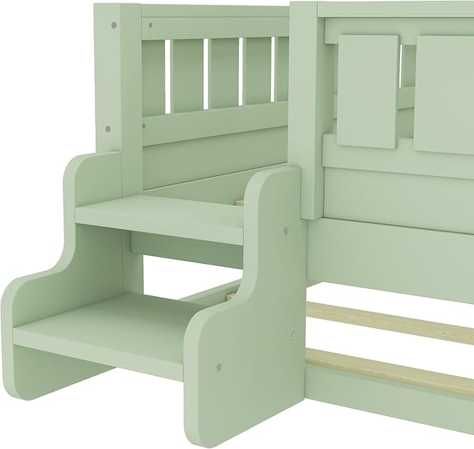 Bellemave Twin Size Kids Bed with high Rails and with Built-in Bookshelf and Trundle for Kids, Girls, Boys, Wood Montessori Bed Without Door, Avocado Green