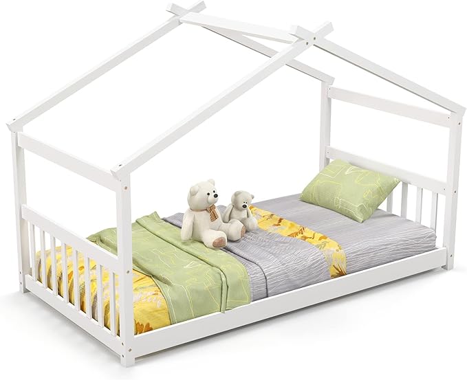 Giantex House Bed Twin, Solid Wood Kids House Bed with Roof, Headboard and Footboard, Low Floor Twin Bed Frame for Toddlers Teens Girls Boys, No Box Spring Needed, White