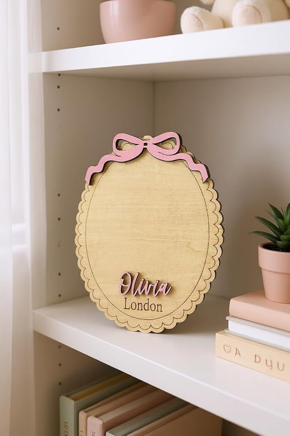 Personalized Baby Announcement Footprint Sign, Oval Scalloped Plaque – Newborn Photo Prop & Nursery Keepsake (Footprint Sign)