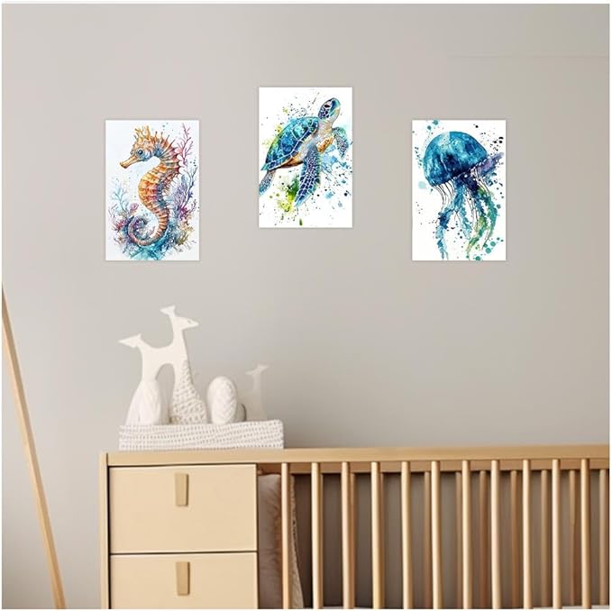 DOARTDO Ocean Animals Wall Art 3 Pieces Sea Animals Canvas Prints Watercolor Seahorse Jellyfish Sea Turtle Pictures Kids Nursery Bathroom Home Decor Framed (20"x28"x3 Pieces)