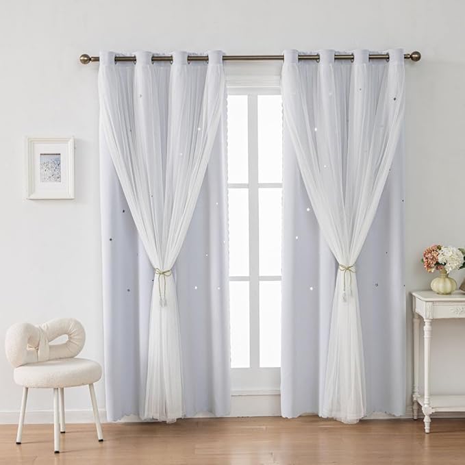 Ombre Rainbow Blackout Curtains for Kid Girls Bedroom Living Room Darking Stripe Double Layer Star Cut Out Wall Home Decor Gradient Grommet Window Curtains (Greywish White 95)