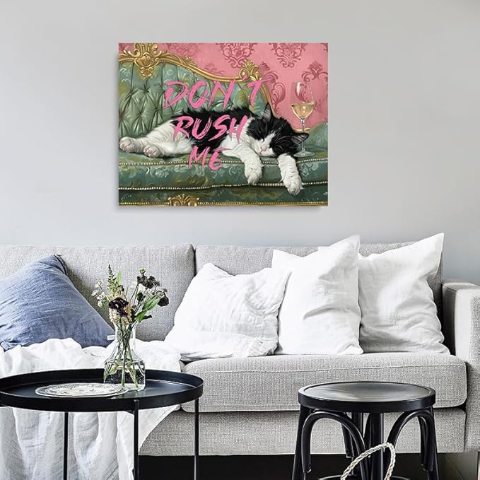 Vintage "Don't Rush Me" Cute Lazy Black and White Cat Picture Wall Decor Framed Retro Funny Animal Canvas Wall Art Prints Poster Painting for Living Room Bathroom Bedroom Home Kitchen (16"x12")