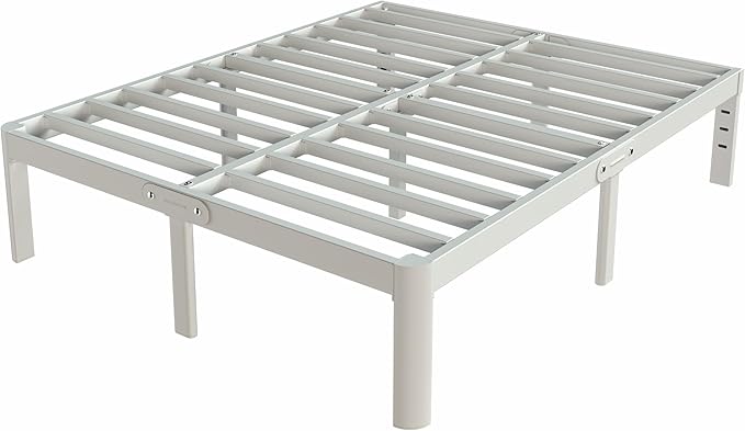 White Bed Frame Queen Size 16 Inch, Metal Queen Bed Frame No Box Spring Needed, Heavy Duty Steel Support 3500 LBS, DIY Headboard, Noiseless, Round Corner Legs, Storage Space, Easy Assembly