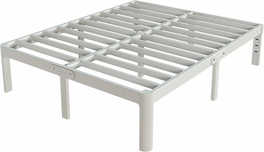 White Bed Frame Queen Size 16 Inch, Metal Queen Bed Frame No Box Spring Needed, Heavy Duty Steel Support 3500 LBS, DIY Headboard, Noiseless, Round Corner Legs, Storage Space, Easy Assembly