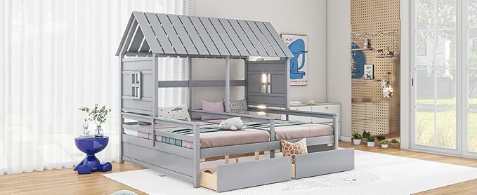 Harper & Bright Designs Twin Size House Platform Beds with Two Drawers for Boy and Girl Shared Beds, Combination of 2 Side by Side Twin Size Beds, Gray